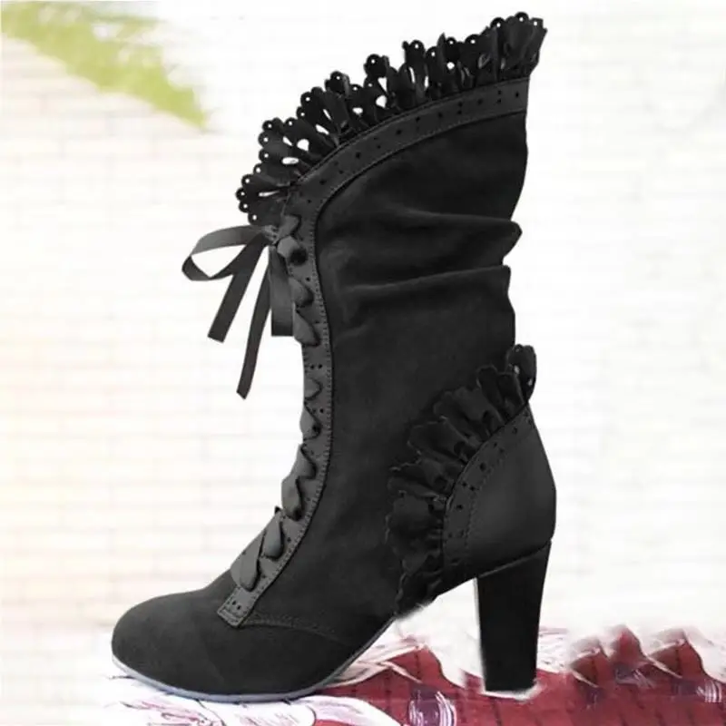 Buty na wysokim obcasie kobiety Steampunk kobiety Sexy skórzane buty zamszowe jesień Vintage buty zimowe kobiety zasznurować buty Cosplay size35-43