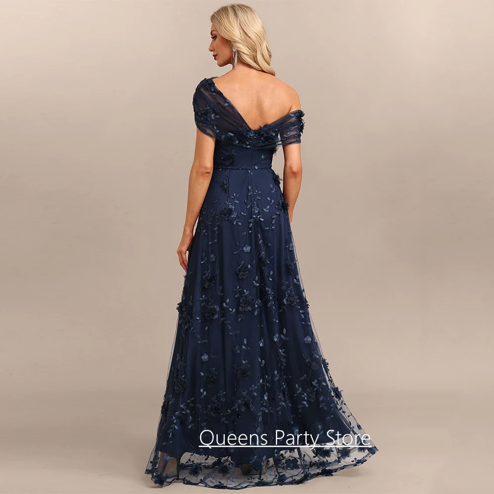 Navy Mother of The Bride Dress Customized Off The Shoulder Flowers Lace Floor Length Wedding Guest Gown Party Dresses