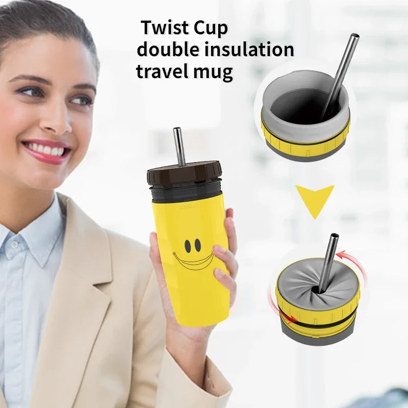 

Portable Coffee Straw Cup French Coverless Cup Creative Twist Lid Thermos Double-walled Ice Cold Drink Coffee Juice Tea Cups