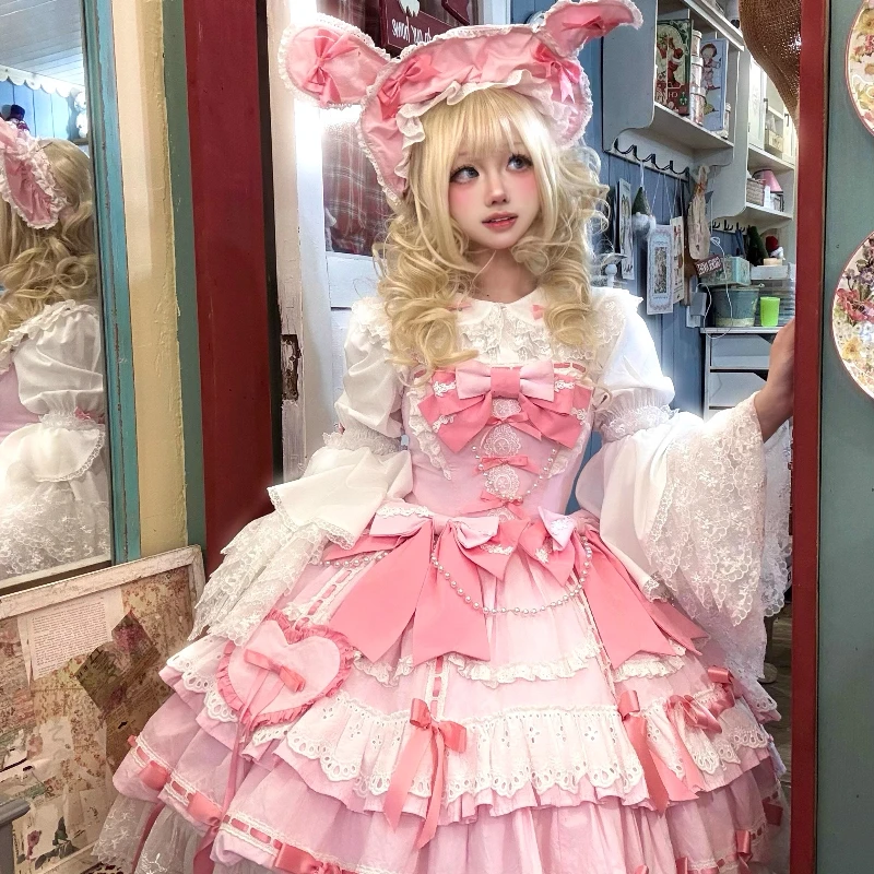 Japanse Zachte Meisjes Lolita Roze Jurk JSK Herfst Nieuwe vrouwen Slim Fit Leuke Boog Kant Prinses Jurk Loli Y2K verjaardag Jurken