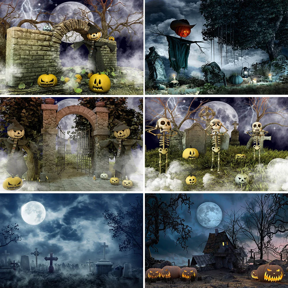 Halloween Backdrop Horror Moon Night Scary Cemetery Pumpkin Lantern Photography Background for Kids Family Party Birthday Banner