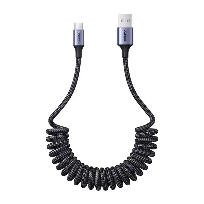 UGREEN Car Spring Pull USB A To Type C Cable 3A Fast Charging data For Apple iPhone 15 Samsung Android Phone Charger Braided QC