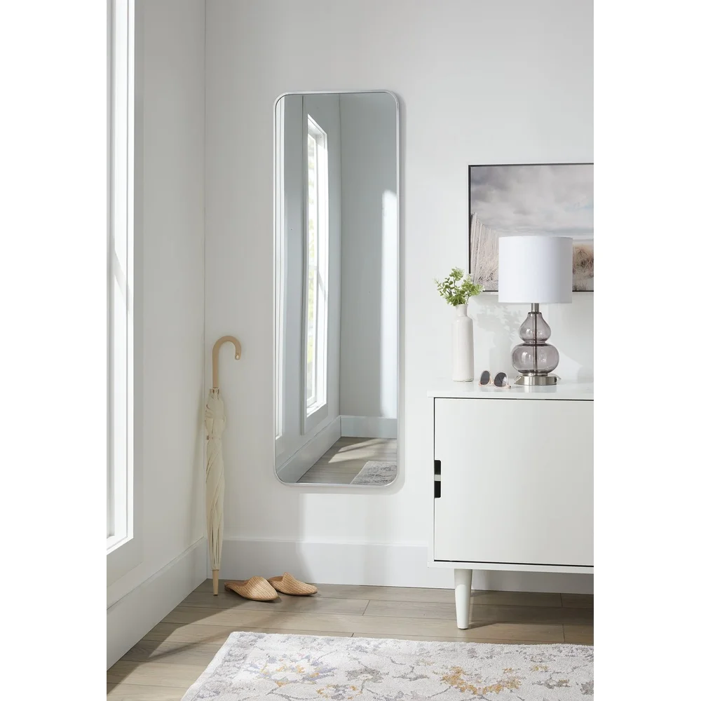 Elegant Aluminum Rounded Rectangle Leaner Mirror 17x53 Silver Finish Wall Mount Anti-tip Hardware Home Decor