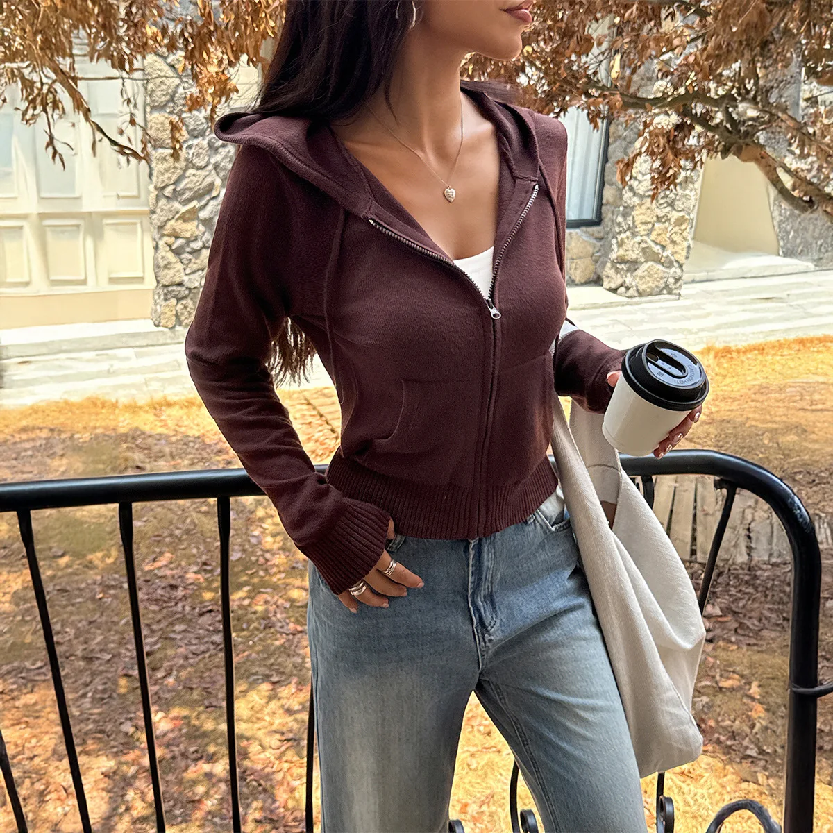 Women's Faion Dstring Zipper Color Coat Sweater Long Sve  Color Knitwear Spring 2026 Open Cardigan