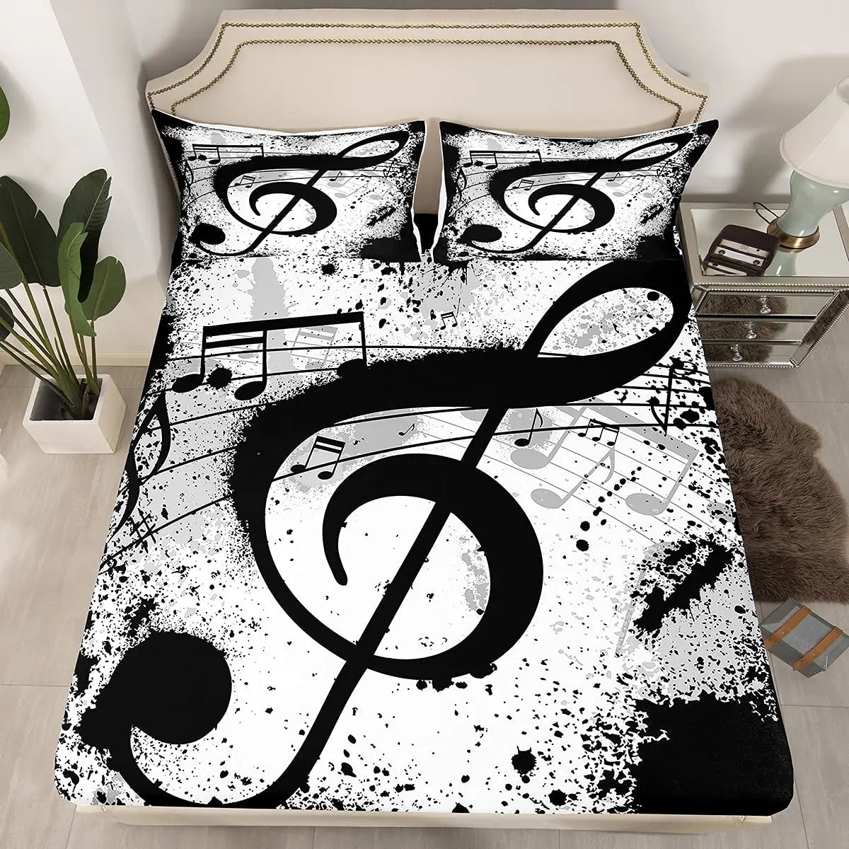 

Music Notes Fitted Sheet & Pillow Sham Set Rock Music Themed Bedding Set Musical Pattern Bed Sheet Set Grunge Design Bed Cover