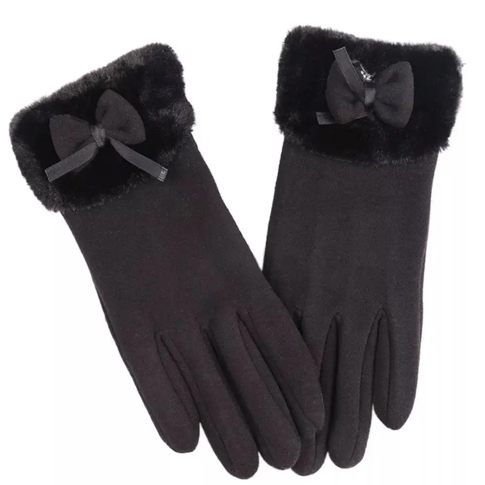 Fashion Plush Warm Gloves Bowtie Windproof Cold Proof Driving Mittens All Finger Touch Screen Cycling Gloves for Outdoor