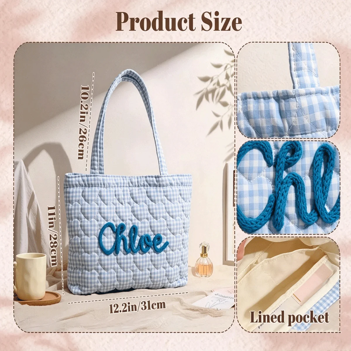 1 Personalized Quilted Heart-Shaped Handbag with Hand-Embroidered Letter and Lace Ribbon – Bridesmaid Gift or Gift for Her view 4