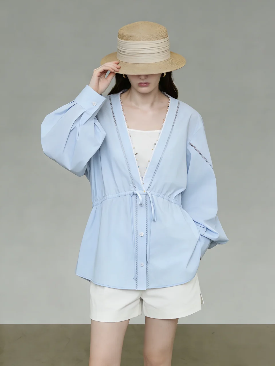 

Blue V-Neck Beaded Shirt Casual Loose Fit Long Sleeve Button-Up Top for Commuting And Daily Wear Elegant Women's Blouse