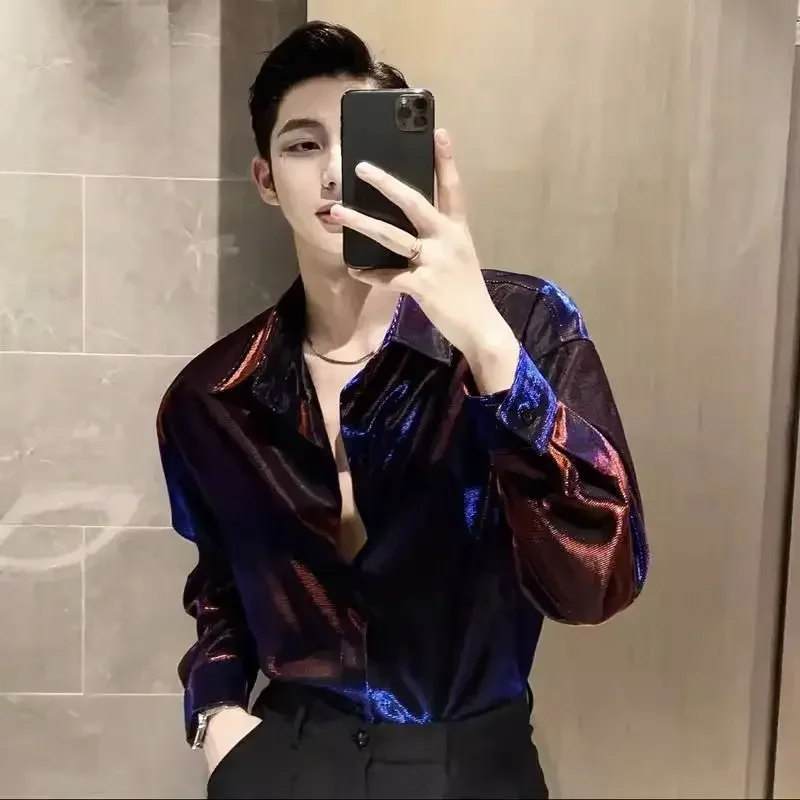 Men\'s Shirt Shiny Designer Long Sleeve Hip Hop Male Shirts Hipster I Summer New in Korean Popular Clothes Social Sale Original