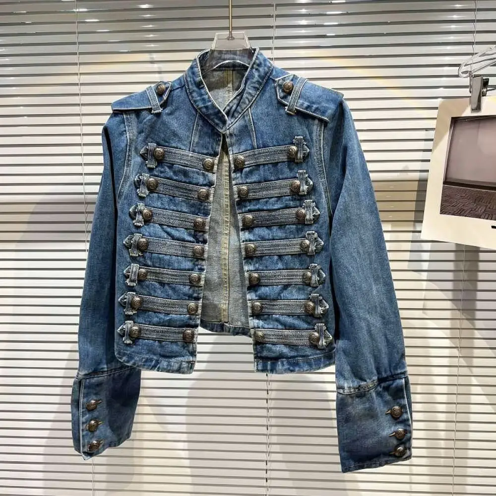 2026 Spring Korean Style Denim Jacket Women Vintage Wash Metal Button Crop Outerwear Long Sleeve Fashion Casual Coat Top