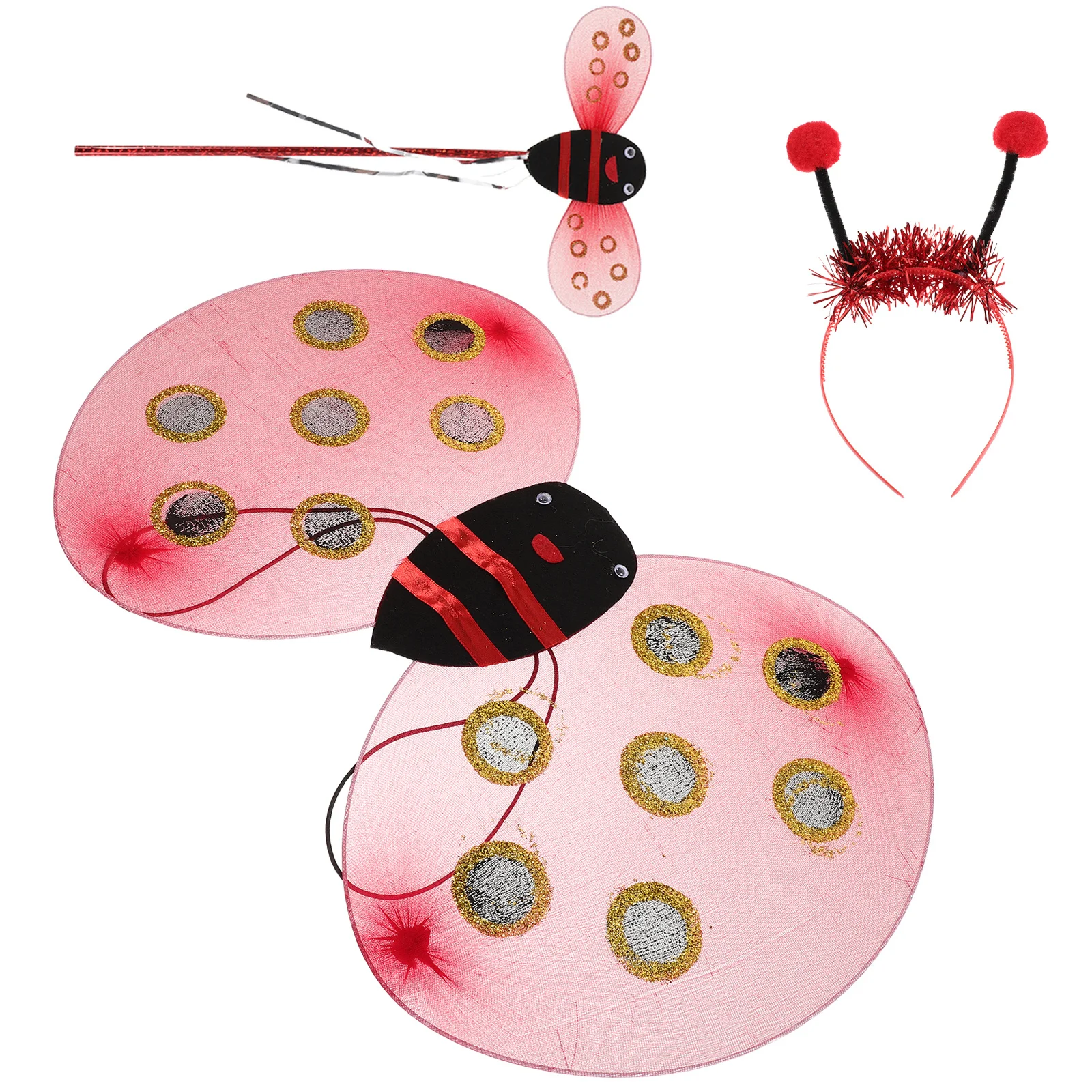 1Set Ladybug Wings Red Foldable Lightweight Costume Headband Fairy Wand Halloween Insect Cosplay Kids Set Ladybug Costume Wings