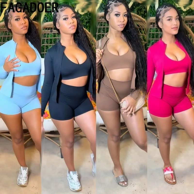 

FAGADOER Sexy Sports Bodycon 3 Pieces Set for Woman Outfits Solid Long Sleeves Crop Jacket + Vest + Shorts Female Streetwear New
