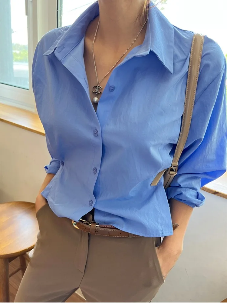 

White irt Women's Ele Waist-Cinching Single-Button Versatile Early Autumn New Top Pure Color Long Sve Batwing Sve