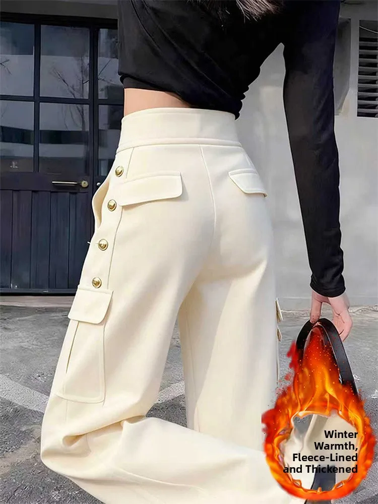 

Women's High Waist Wide Leg Pants Fce Lined Drapey Casual Thi Straight Cut Trousers Autumn Winter Banana Scythe Pants