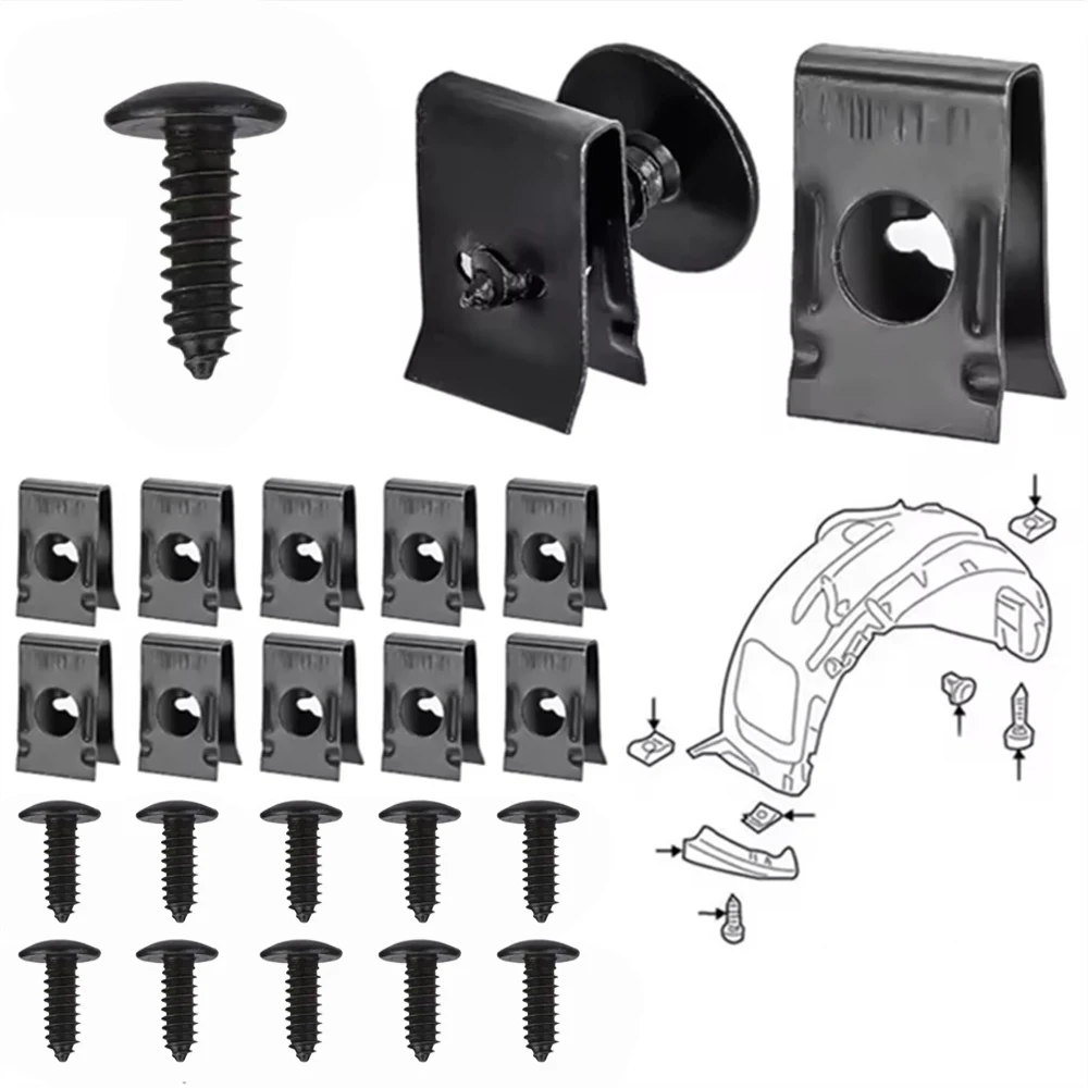 20Pcs Metal U-Type Clip with Screw Auto Interior Trim Panel Fastener Fitting Fixed Fastener Clips for Fender Liner Splash Guard