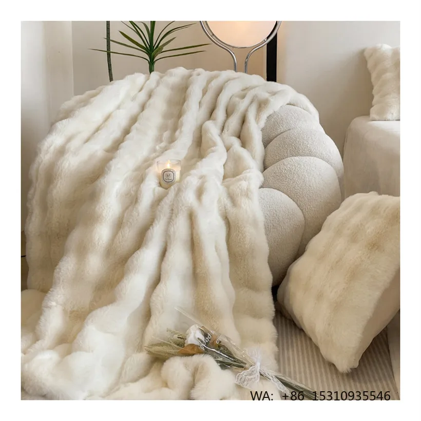 2026 Latest Design Elegant Soft Warm Faux Fur Fleece White Custom Throw Home Blanket for Decoration