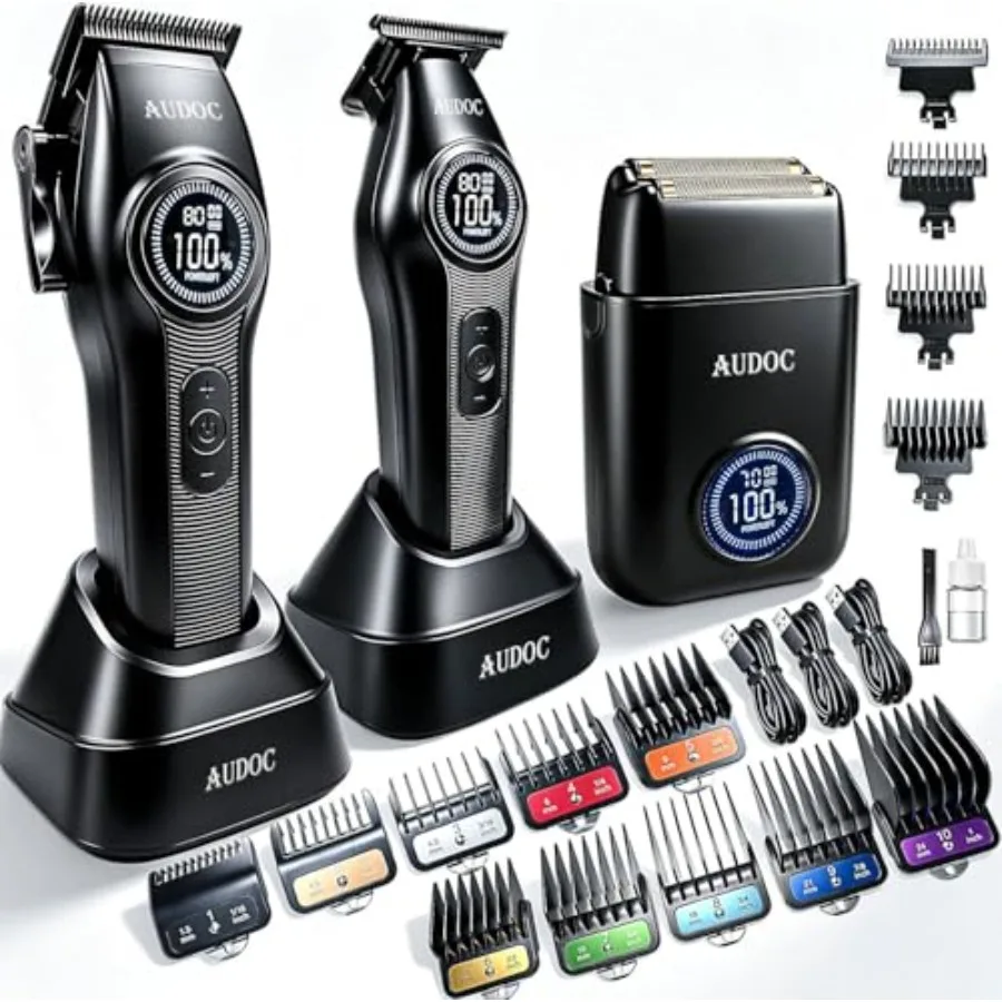 Professional Hair Clippers and Trimmers Set for Men: Stainless Steel Blades, Black Finish, Precision Cutting and Cordless Conve