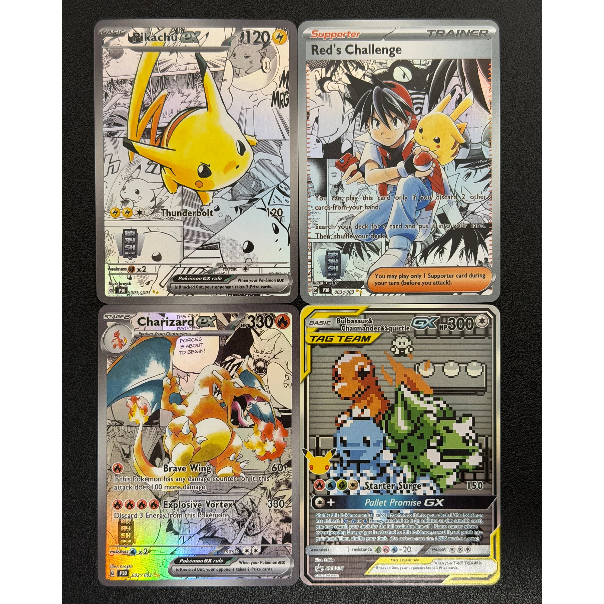 

4Pcs/set Self Made Ptcg Pika Charizard Red's Challenge Bulbasaur English Refracted Flash Card Classic Game Anime Collection Card