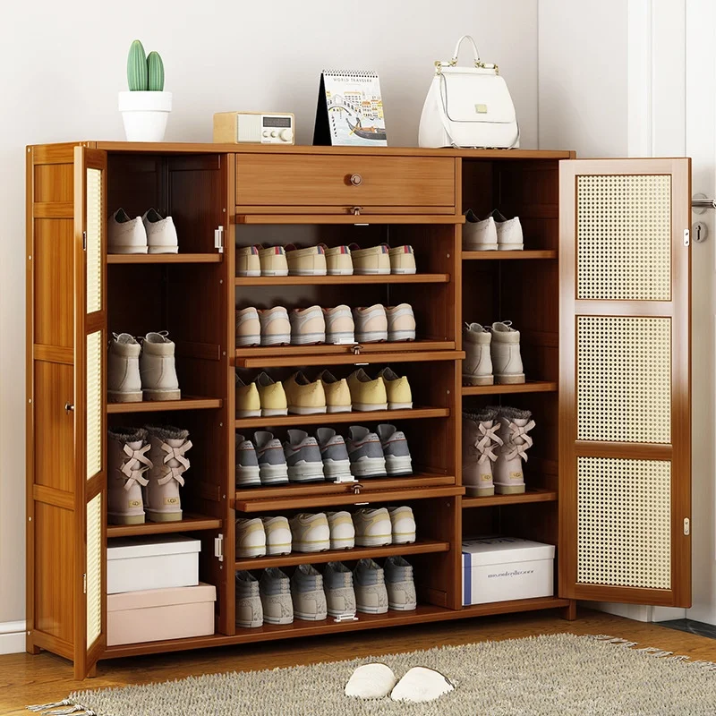 Multi-layer household shoe rack solid wood floor door storage cabinet porch storage bucket with door shoe cabinet