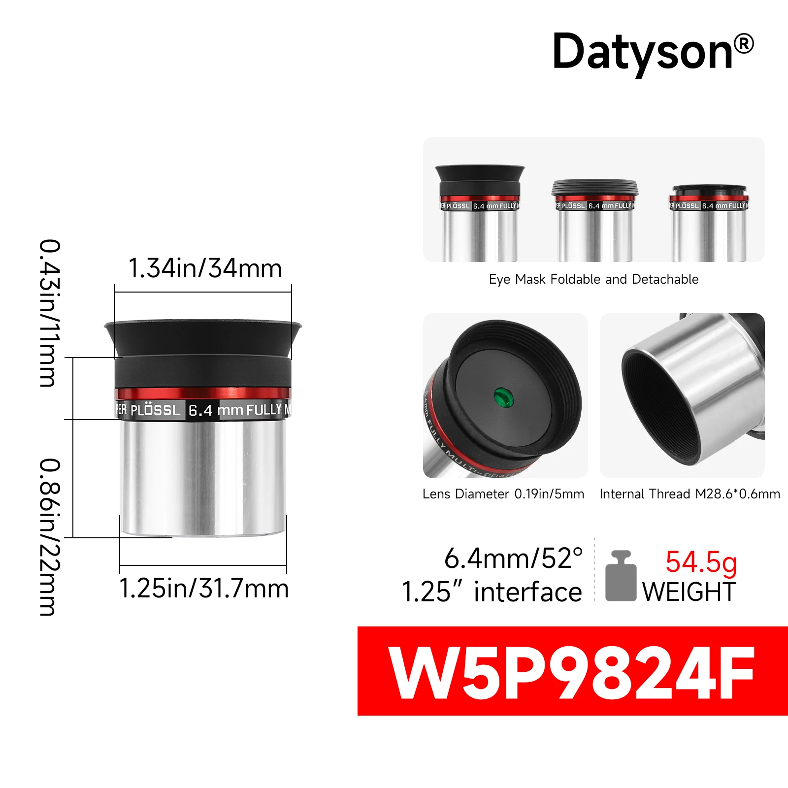 Datyson Plossl Eyepiece 1.25 Inches 6.4mm 4 Elements Design 52 Degrees Field of View with Filter Threaded