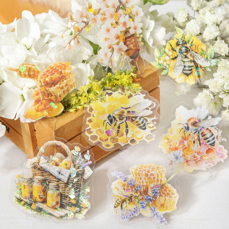 Mr Paper, 4 Styles ‘Honey Garden’ Series Bee Theme PET Shell Light Stickers, Art Supplies, Kawaii Stickers