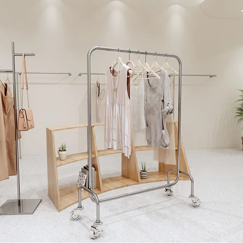 

Clothing store floor-to-floor stainless steel display rack rack with wheel hanger