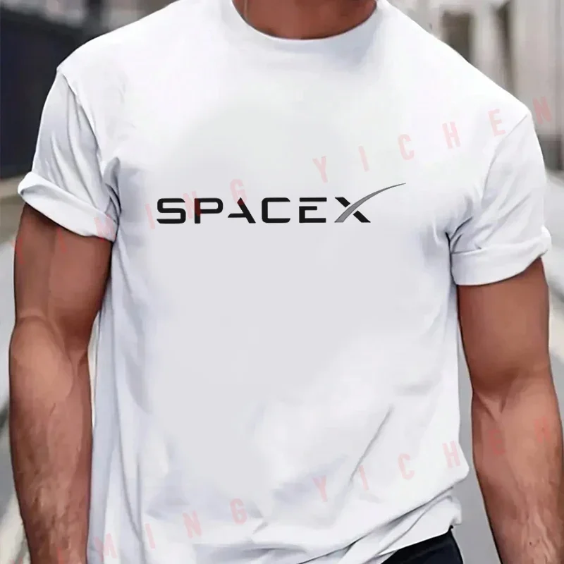Men T-Shirt Spacex Lettering With Silver Accent Curved Design Moto Cotton O-neck Short Sleeve Fashion Tees