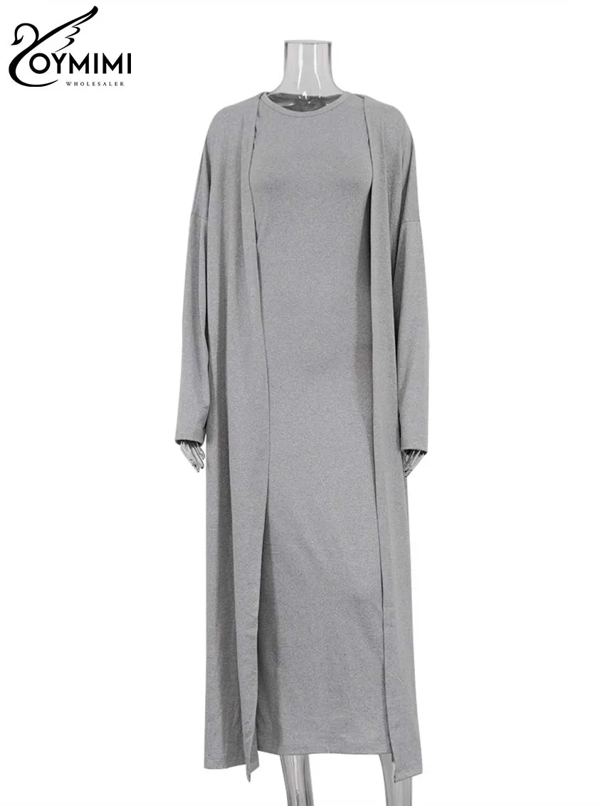 Oymimi Casual Grey Slim Sets For Women 2 Pieces Fashion Long Sleeve Simple Robe + O-Neck Sleeveless Straight Dresses Female Sets