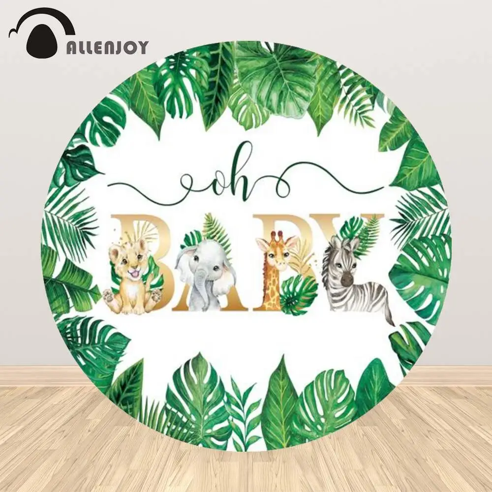 

Allenjoy Oh Baby Shower Jungle Theme Round Backdrop Birthday Party Circle Leaves Animals Kids Photophone Props Background