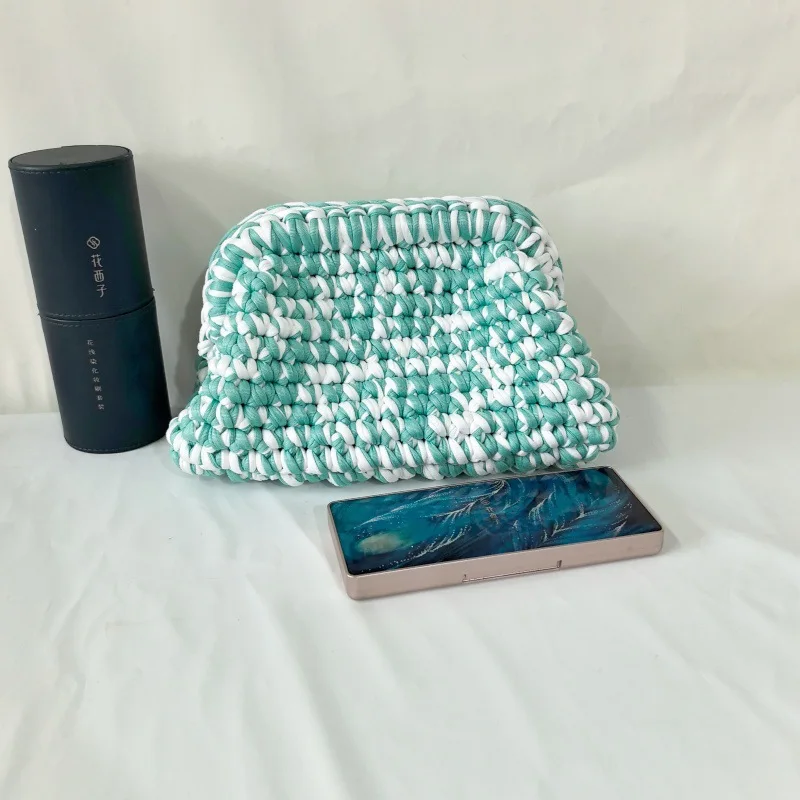 حقيبة يد كروشيه بشريط الدوبامين، حقيبة يد بشريط قماش كروشيه يدويًا، ليلة سحابة