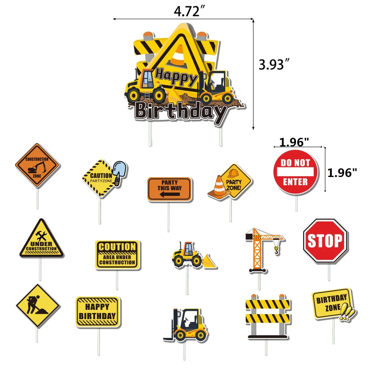 Construction Theme Party Cake Decoration, Truck, Excavator, Warning Sign, Children's Happy Birthday Toppers, 16Pcs