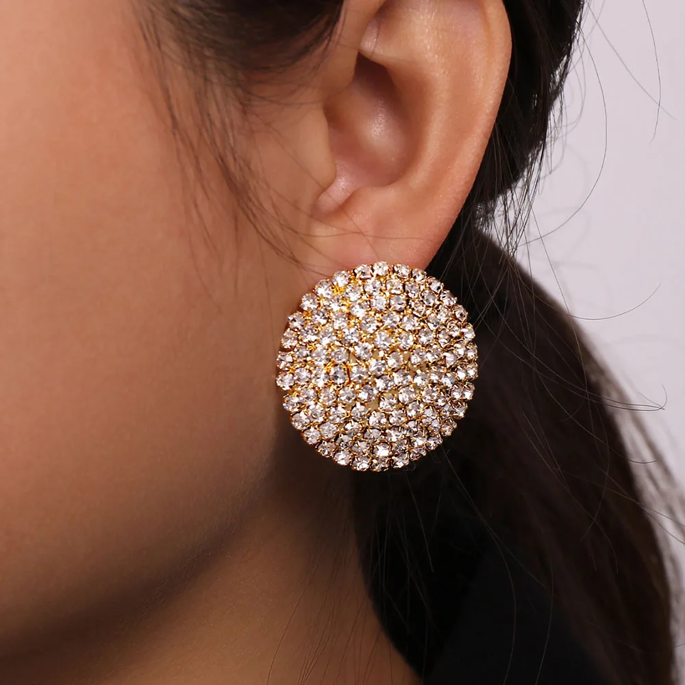 TREAZY Silver Color Full Rhinestone Big Round Stud Earrings Fashion Shiny Crystal Statement Women Jewelry Wedding Party Earrings