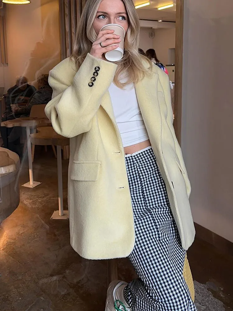 

Women Elegant Light Yellow Two Buttons Woolen Coat Fashion Lapel Long Sleeves Pocket Thick Jacket Autumn Chic Lady Outerwear