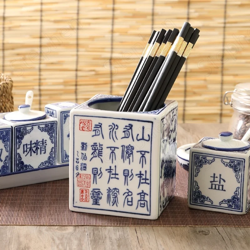 Blue and White Ceramic Canister Set Kitchen Chinese Vintage Spice Jars Salt Sugar Monosodium Glutamate Vinegar Chili Soy Bottle