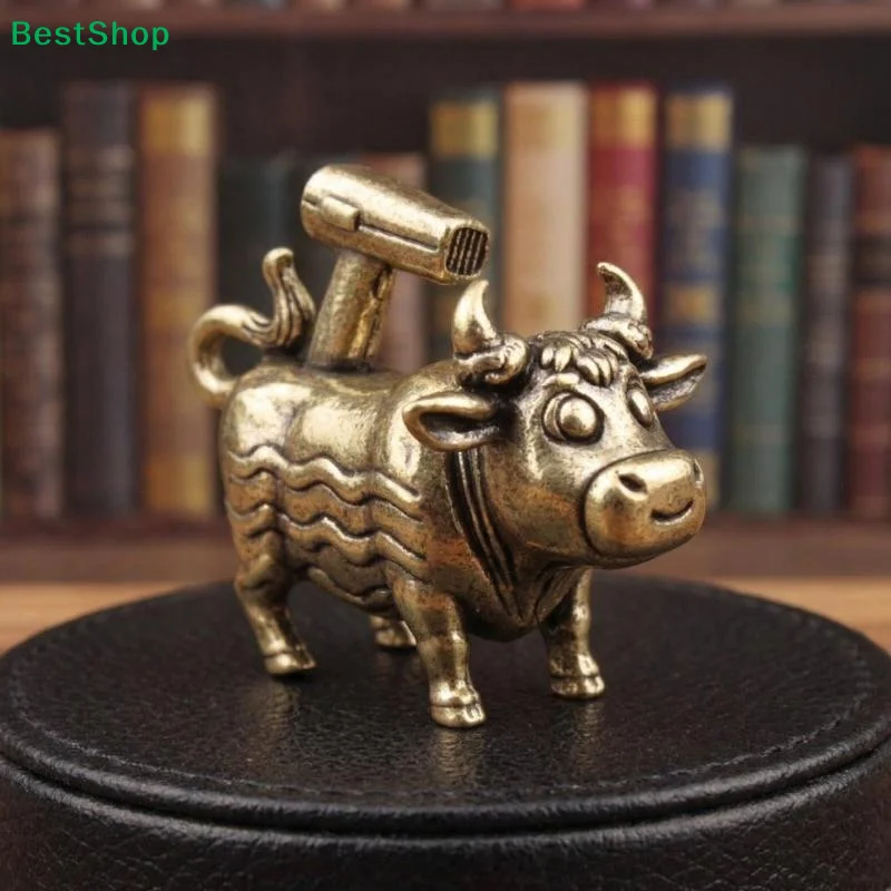 〔Q〕Brass Bull Figurine with Hair Dryer Ornament, Mini Brass Chinese Zodiac Ox Sculpture for Desk Decor