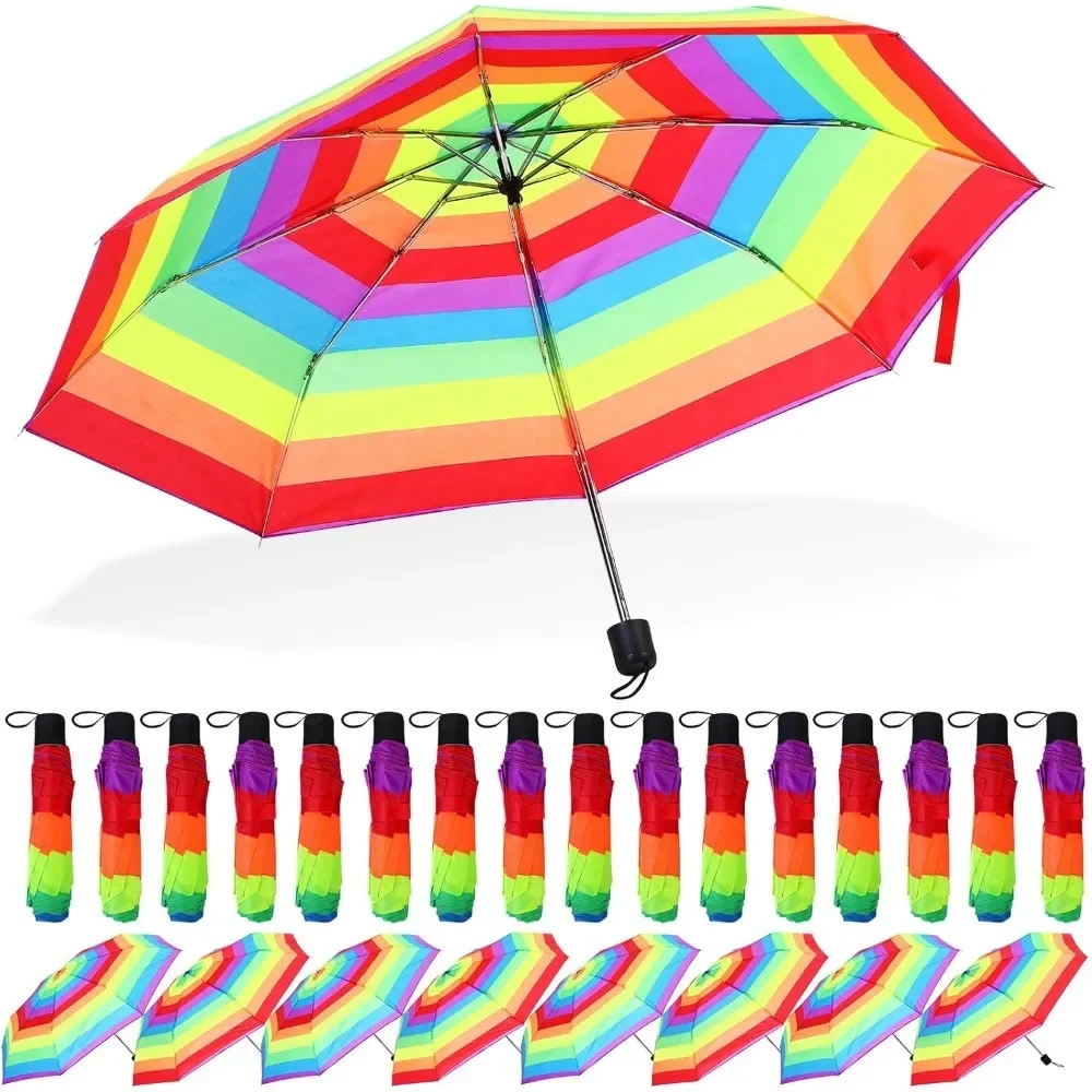 24 Pcs Rainbow Umbrella Bulk Compact Portable Tri Fold Collapsible LGBT Pride Umbrella for Adult Kid Travel Rain Windproof (Brig