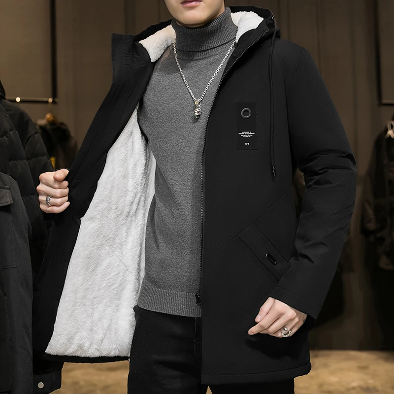 Explosive New Autumn Winter Hooded Business Plus Fleece Thickened Medium Long Trench Coat Men Cotton-padded Jacket Men Coat