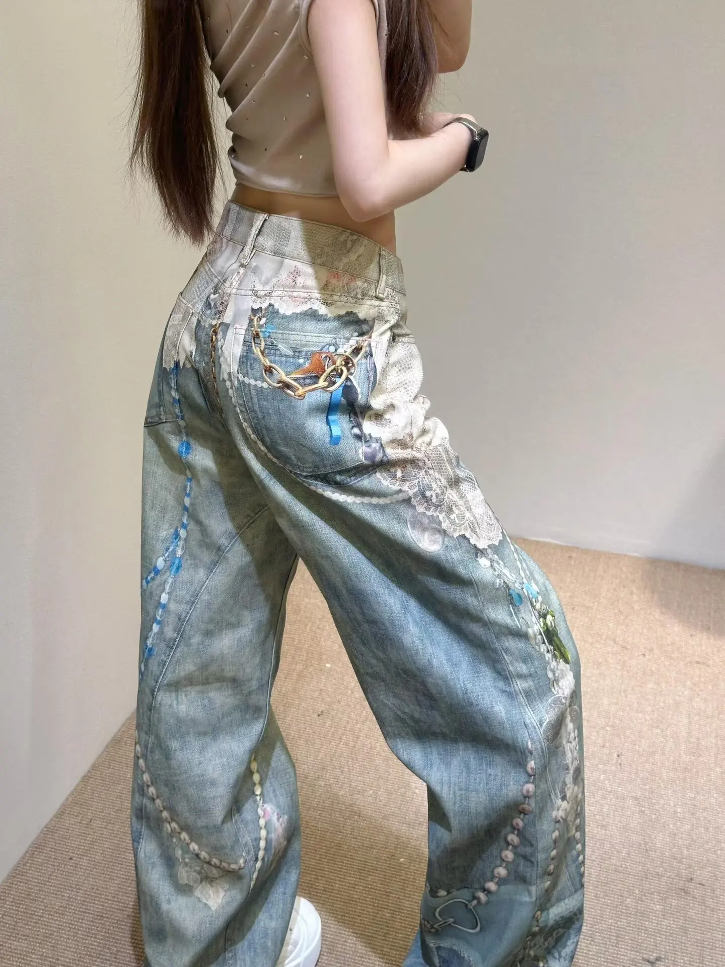 GG Y2k Jeans Baggy Fashion New Product 3D Printed Lace Pearl Chain Straight Tube Women Pants High Waisted Jeans Pants for Woman
