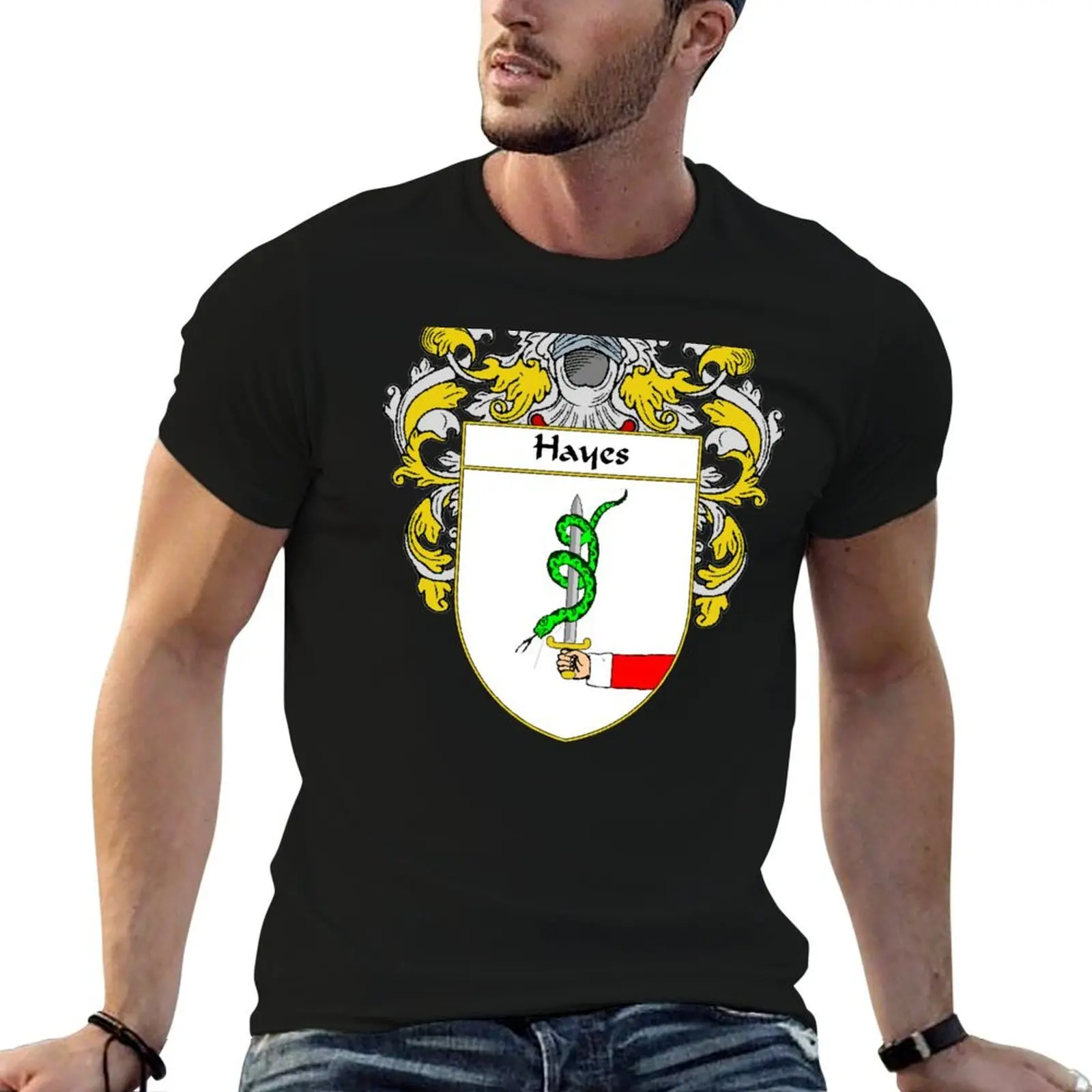 Camiseta com estampa do brasão de armas da família Hayes, camisetas gráficas para homens, camiseta masculina de algodão pesado, camisetas engraçadas, camiseta de humor negro