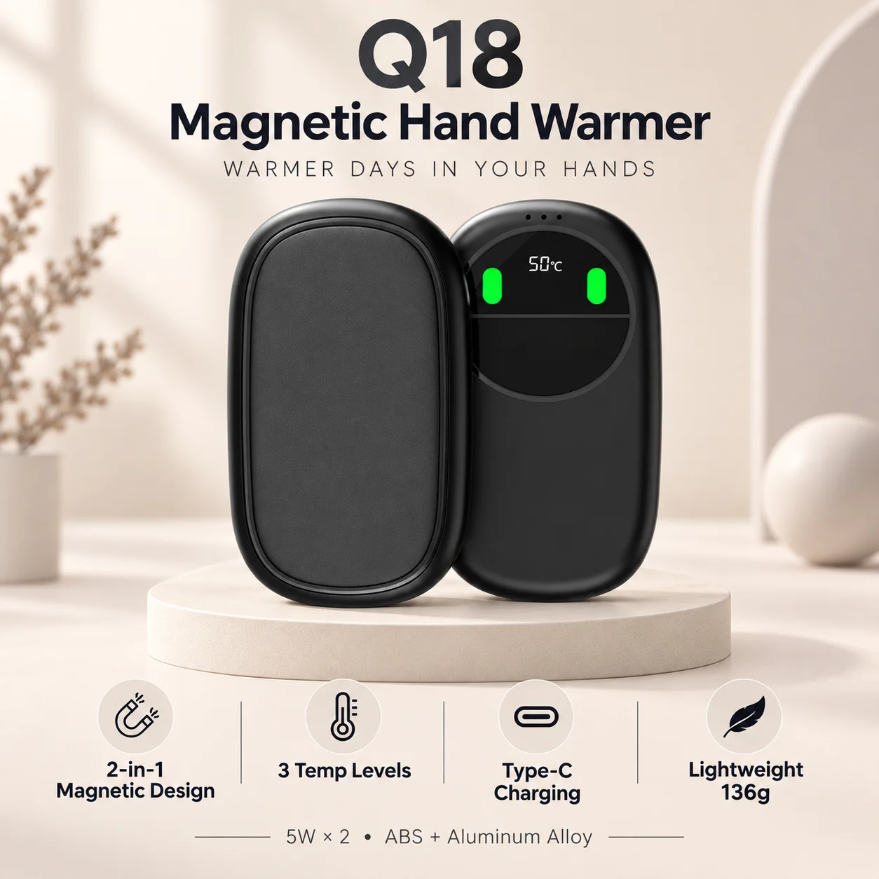 Smart Temp Control Magnetic Hand Warmer , 5W Dual Heating with Aluminum Alloy Shell. 3 Adjustable Temps (100-126°F), Long-Lasting Battery, Safe & Flame-Retardant, Portable Lanyard Design.