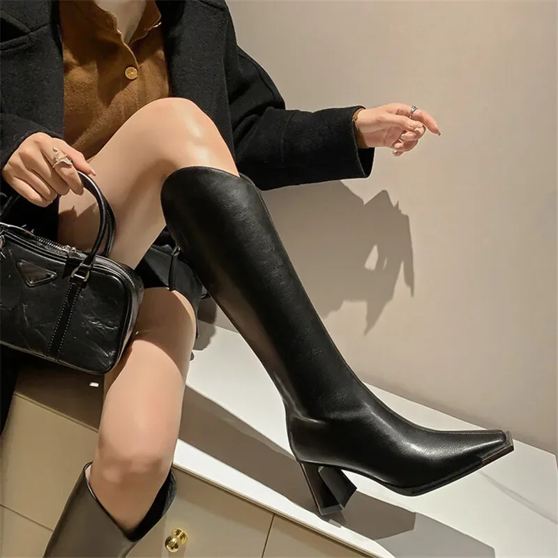 2023 New Winter Knee-High Boots for Women Square Toe Knight Boots Split Leather Women Boots High Heels Concise Boots De Mujer