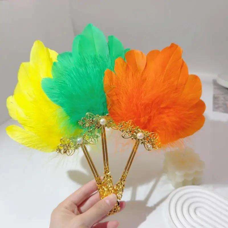1Pcs Gold Handle Colorful Vintage Fluffy Feather Hand Fan Chinese Style Fairy Fan Dance Fan Stage Performances