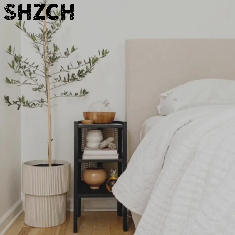 Solid Wood Rattan Nightstand Small Storage Cabinet for Bedroom Multi-Purpose End Table for Living Room Rustic Sofa Side Tables