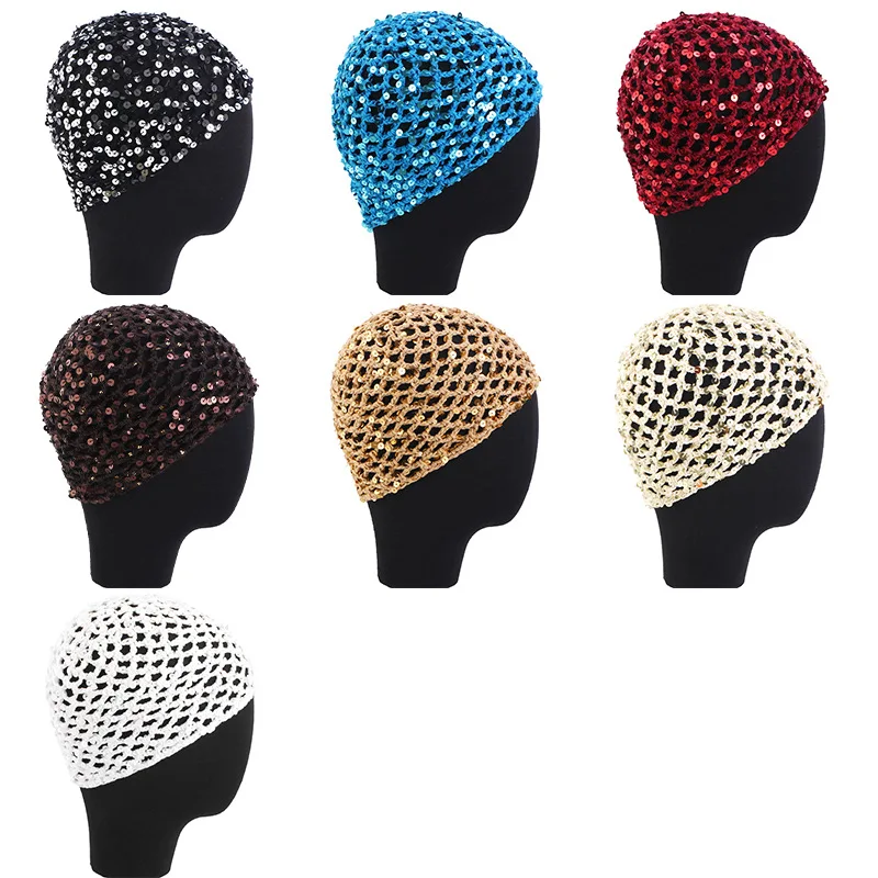 Women Handmade Crochet Sequins Hair Snood Hollow Mesh Knitted Hair Net Fashion Breathable Hollow Woven Hairnet Cap Headwear