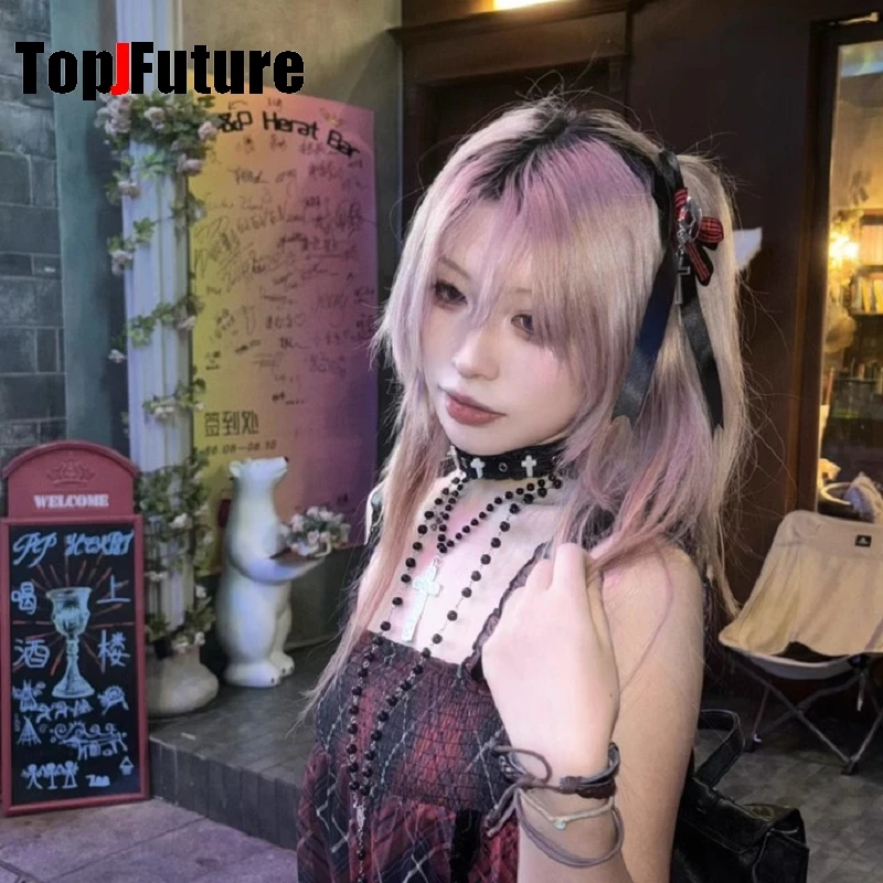 Y2K Girl Harajuku Gothic Primitive Subculture Punk Leather Bow Skull Cross Decorative Accessories Ponytail Braid Hair Clip