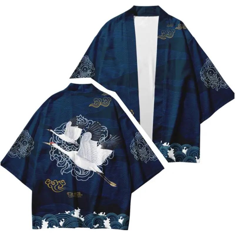 

Японский кардиган-кимоно с принтом «Волны и журавли», темно-синий, с открытым передом, куртка-хаори, унисекс, повседневный топ-юката с принтом «Облака», уличная одежда