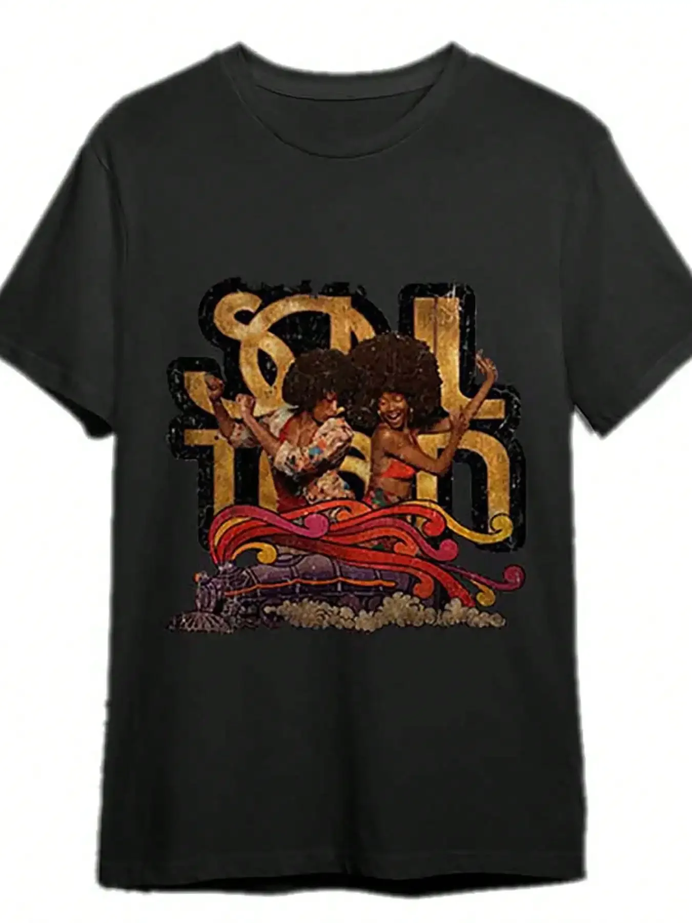 

Men's Vintage Soul Train Graphic T Shirt Black Short Sleeve Cotton Tee With Bold SOUL Lettering Colorful Paisley Design