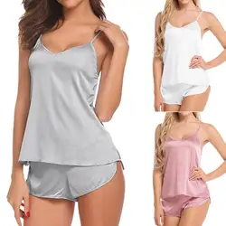 1 Set Simple Pajama Set Spaghetti Straps Ladies Vest Shorts Off Shoulder Low Cut Pajama Set