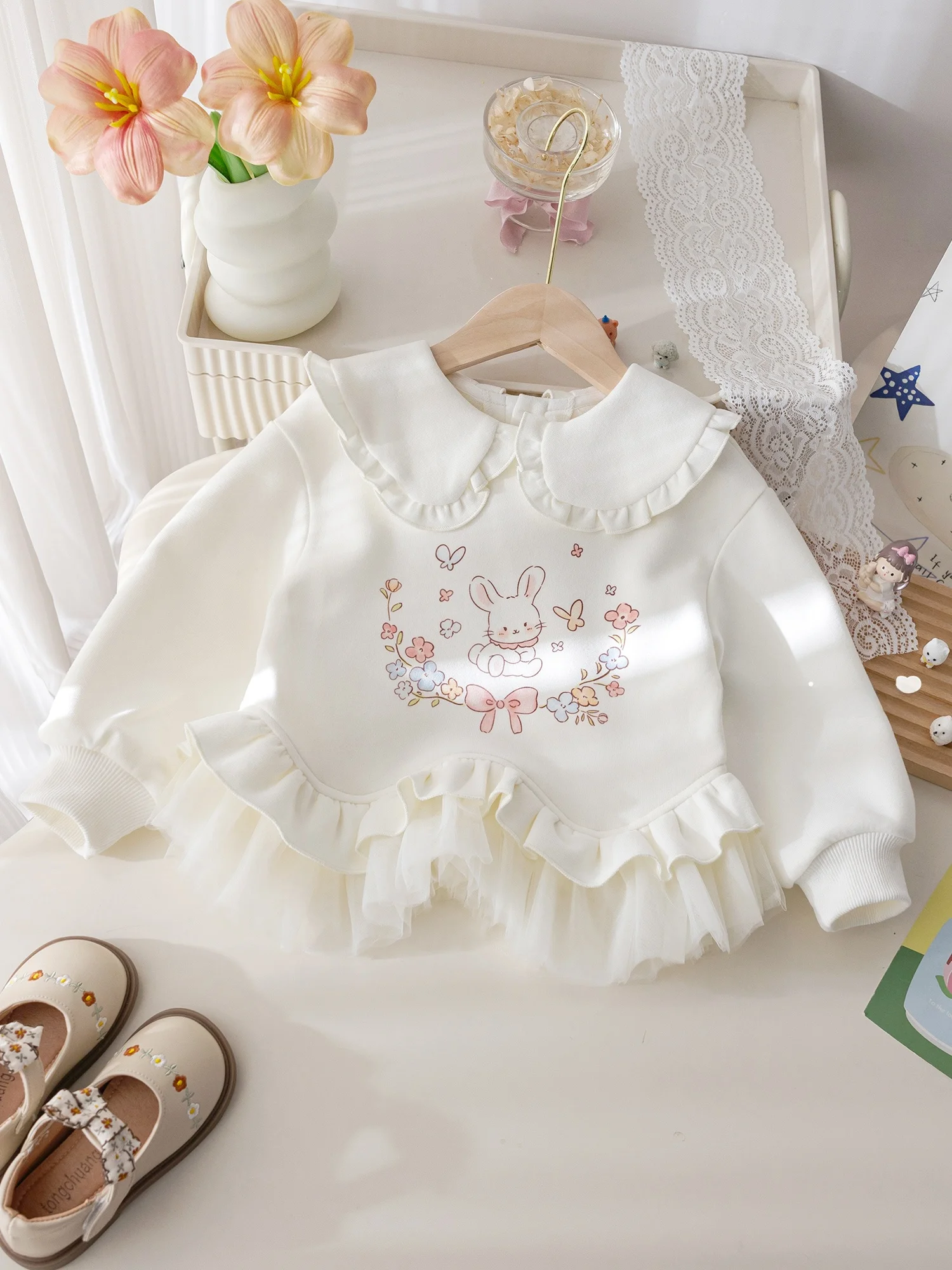 Autumnal Rabbit Print Sweatshirt for Girls Cute Cartoon Design Lace Trim Fashionable Top Comfortable Cotton Polyester Blend