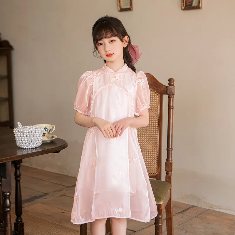 2024 summer Kids Girls Cheongsam Qipao gauze Teenager breathable pearl mesh lace Princess chiffon Dresses Clothing 4 8 14 Years